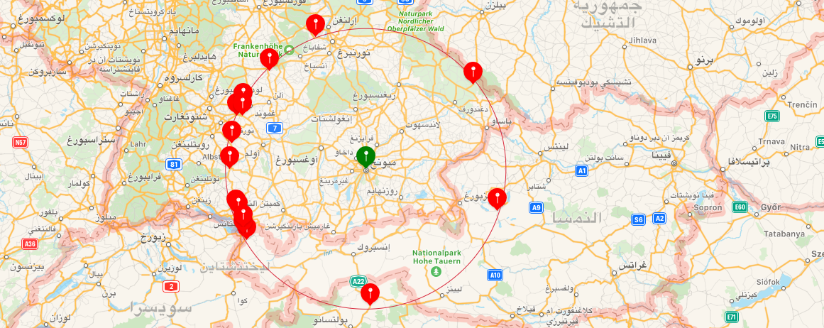 خريطة المدن القريبة من ميونخ