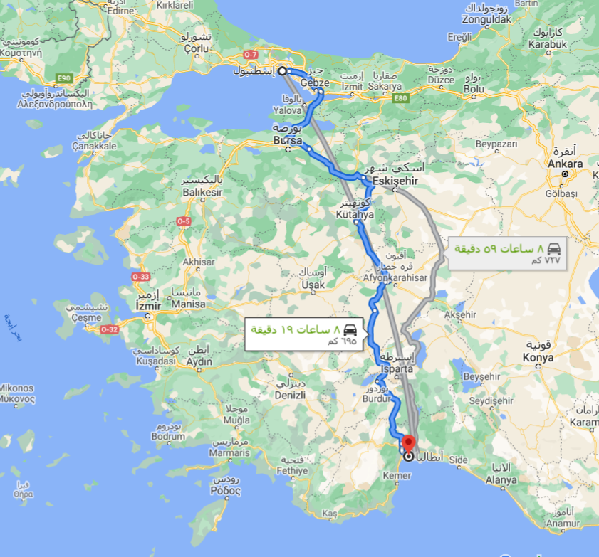 المسافة بين اسطنبول وانطاليا